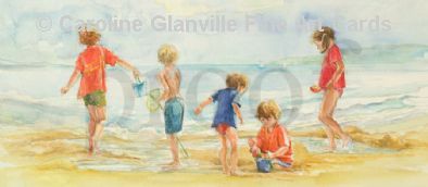 children on a beach playing, painting by Caroline Glanville